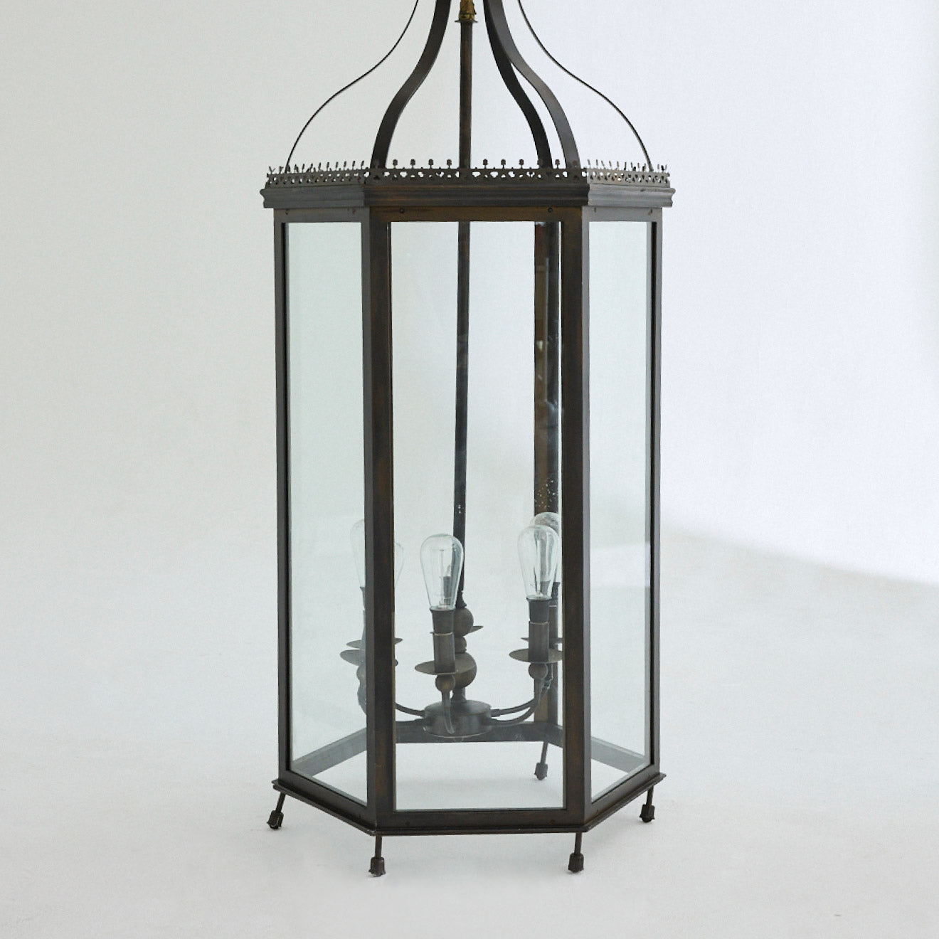 Extra large glass lantern style light fitting with bronze metal,