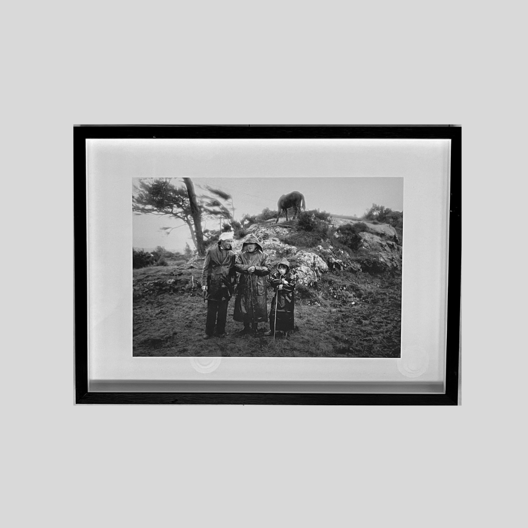 Iconic black and white framed photograph of family in British countryside life