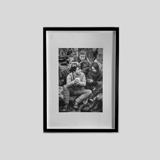 Medium black and white print showing women in classic British working life portrayal.