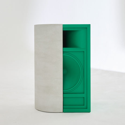 curved style speaker plinth table green with partial concrete finish