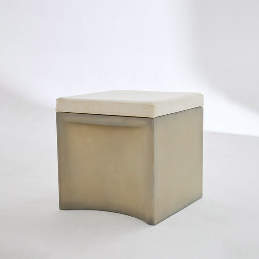 fibreglass cube stool with removable cushion in cream or beige velvet or white vinyl