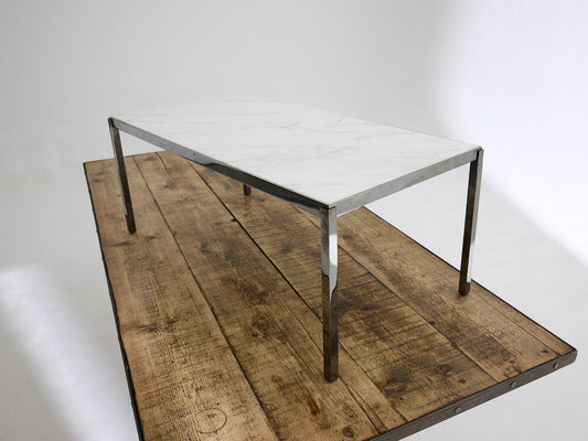 White marble topped coffee table on metal mirrored frame