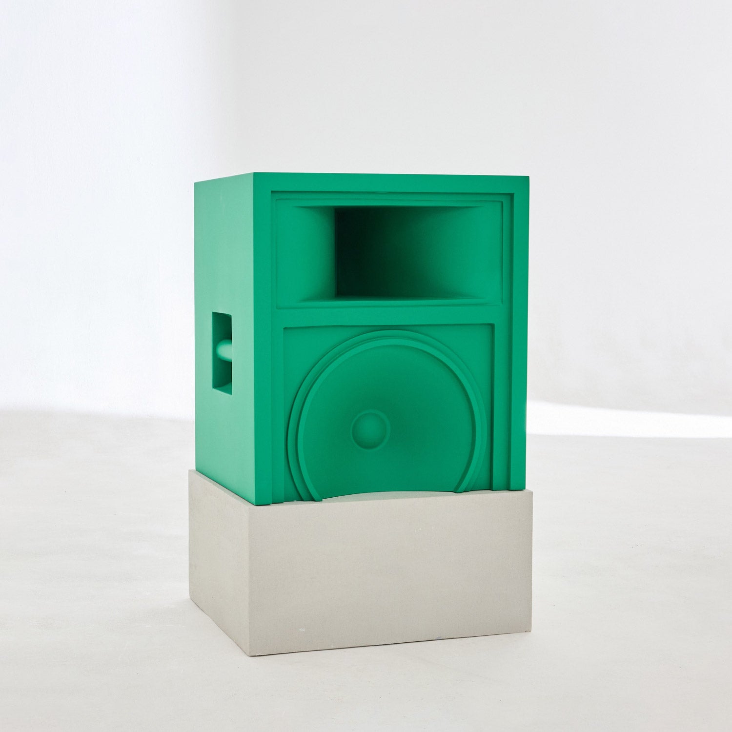 Medium speaker style speaker table flat green finish with micro concrete base. Limited edition from Mulberry x Axel Arigato collaboration