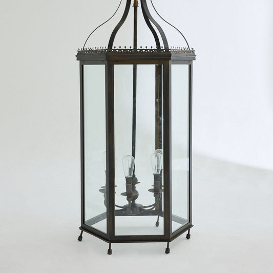 Extra large glass lantern style light fitting with bronze metal,